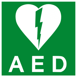 De sticker die aanduid dat er een AED hangt